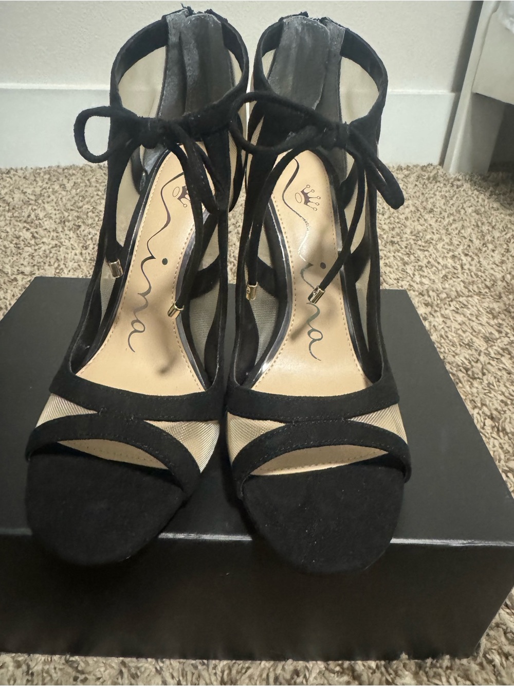 Nina Black Suede Tie-Ankle Open-Toe Heels